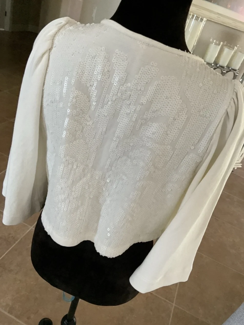 Anthropologie sequin top, front tie, white, size small